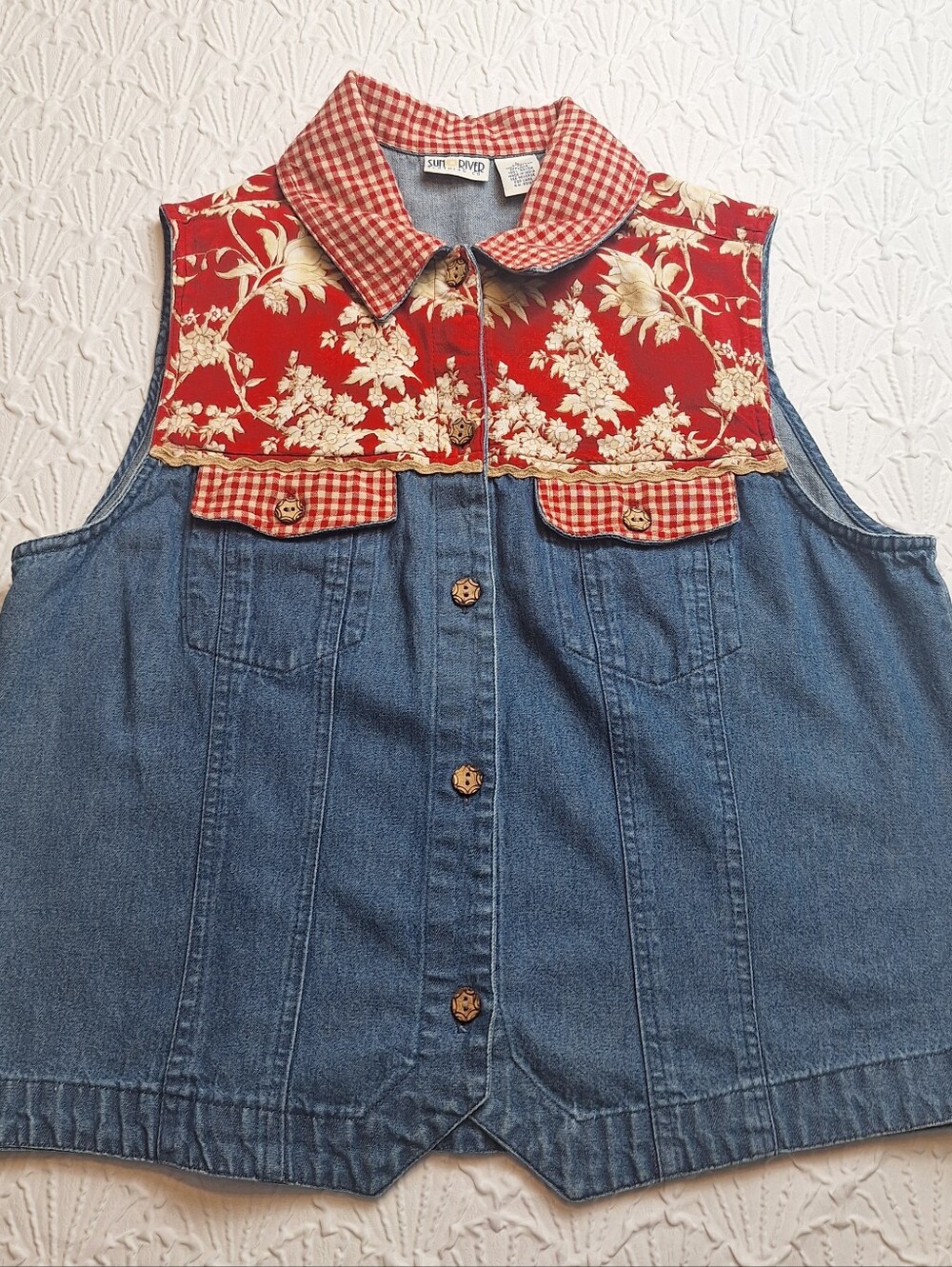 Vtg Sun River denim vest With Pockets And Floral Panels,  Size L